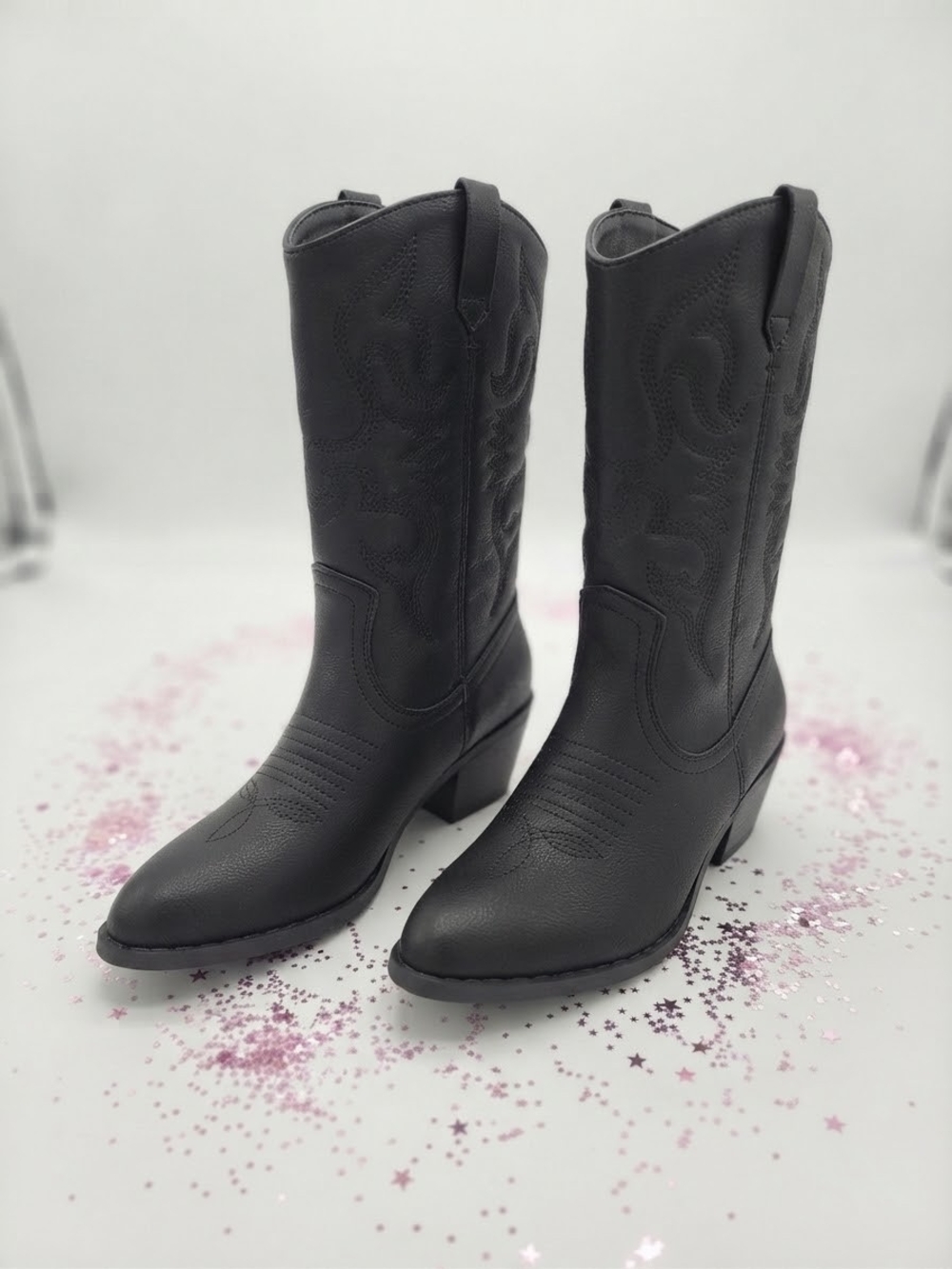 Soda Black Western Mid-Calf Heeled Boots for Women